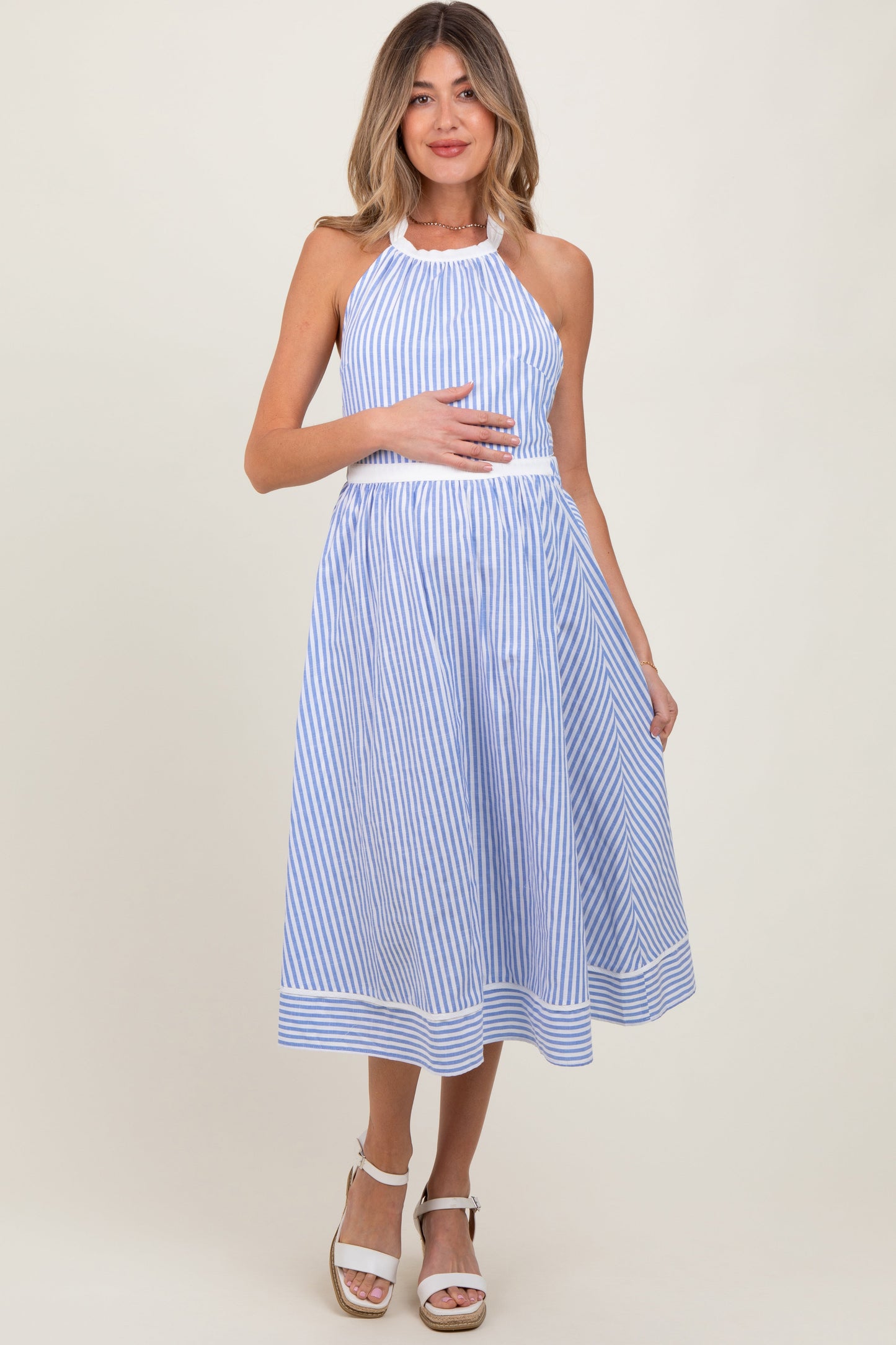 Blue Striped Halter Maternity Tie Back Cutout Maternity Midi Dress