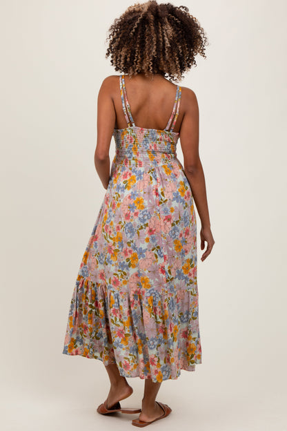 Muticolor Floral Double Strap Lace Trim Maternity Midi Dress