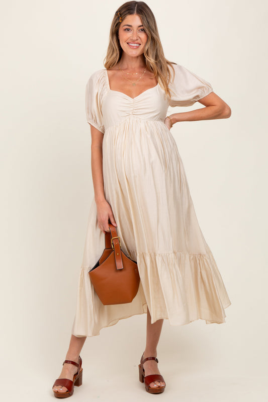 Cream Ruched Sweetheart Neck Tiered Maternity Midi Dress