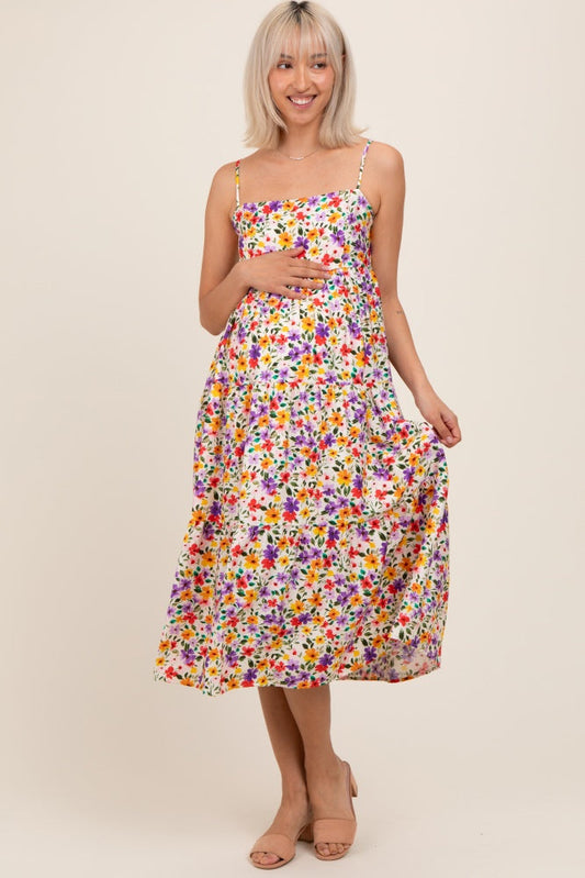 Ivory Floral Cami Strap Maternity Midi Dress