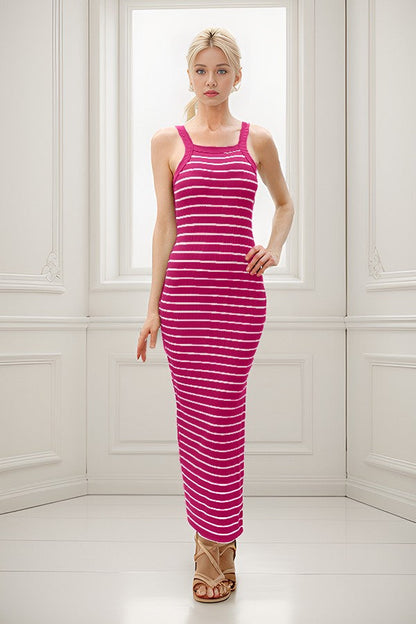Fuchsia Striped High Neck Ribbed Maternity Maxi Dress