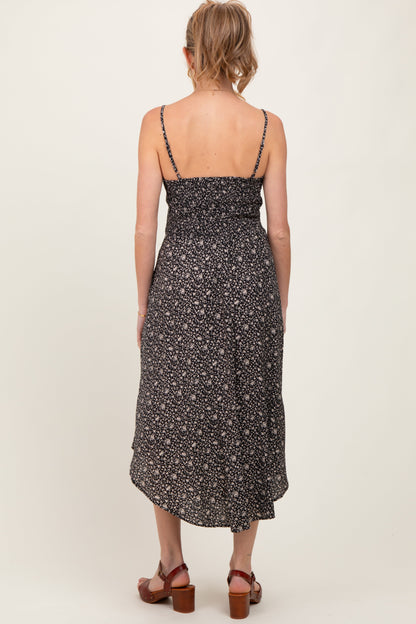 Black Floral Cinched Front Tie Maternity Midi Dress