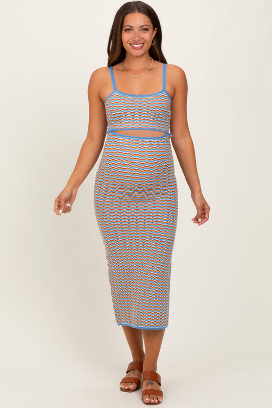 Aqua Chevron Knit Cutout Fitted Maternity Midi Dress
