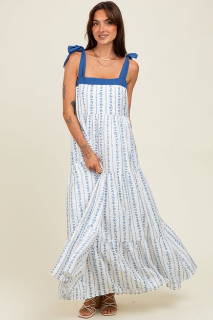 Blue/White Ditzy Floral Sleeveless Tiered Maternity Maxi Dress