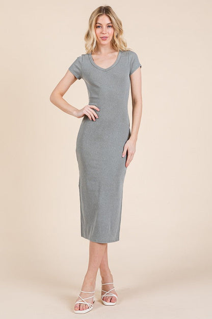 Light Olive V Neck Mineral Wash Side Slit Maternity Midi Dress