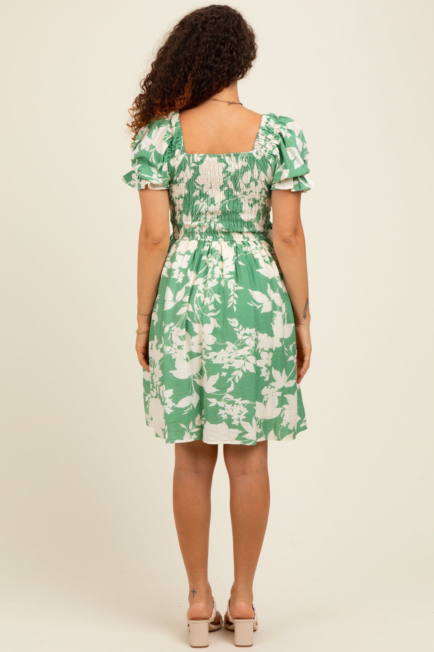 Light Olive Floral Smocked Puff Sleeve Maternity Dress