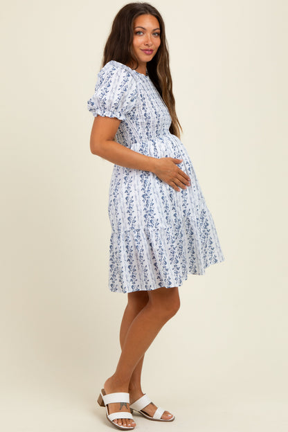 White Floral Smocked Ruffle Accent Maternity Dress