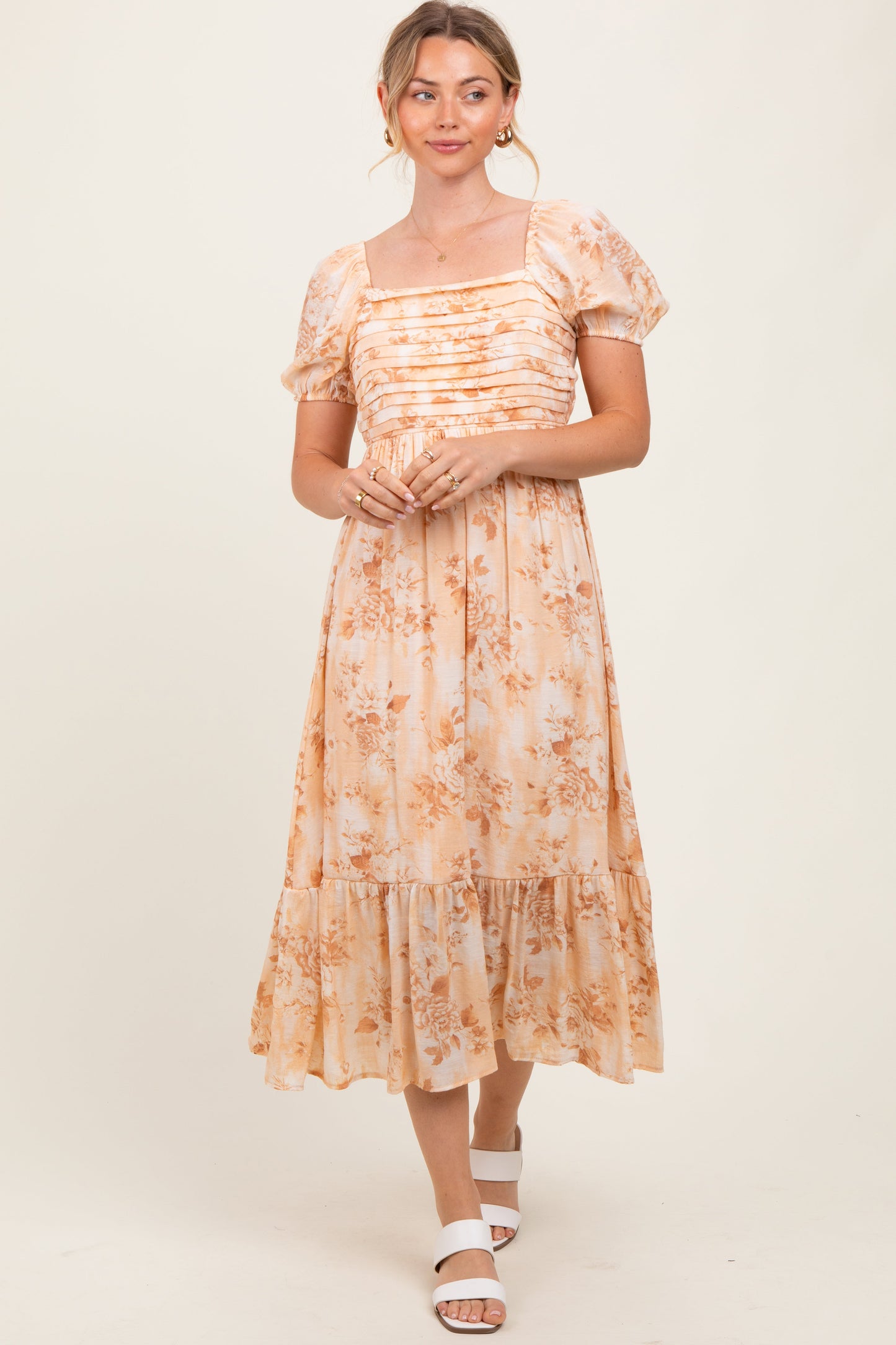 Peach Floral Pleated Bust Puff Sleeve Maternity Midi Dress