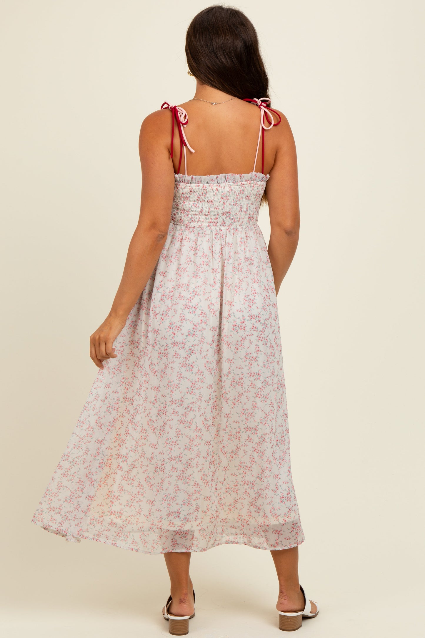 Pink Floral Ruffle Detail Shoulder Tie Maternity Midi Dress