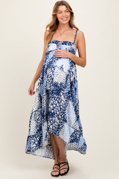 Navy Blue Floral Tiered Spaghetti Strap Maternity Maxi Dress