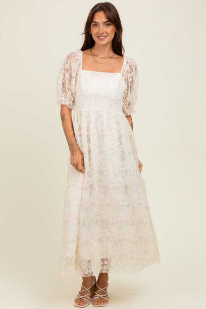 Cream Floral Mesh Overlay Tie Back Maternity Midi Dress