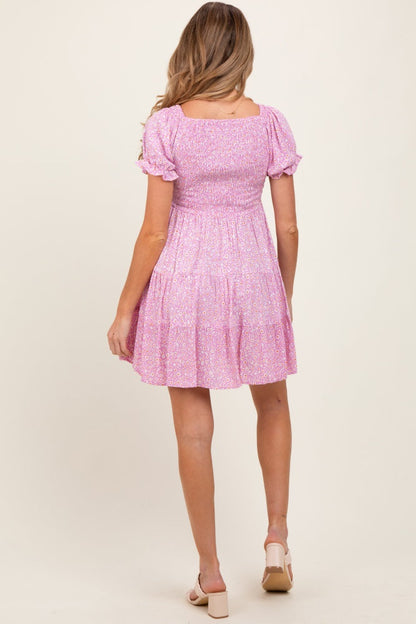 Light Pink Floral Smocked V-Neck Flutter Sleeve Maternity Dress