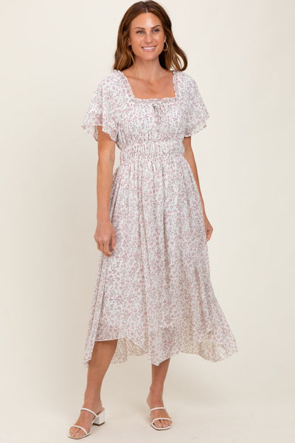 Ivory Floral Square Neck Front Tie Maternity Midi Dress