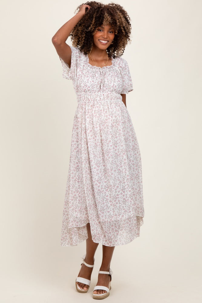 Ivory Floral Square Neck Front Tie Maternity Midi Dress