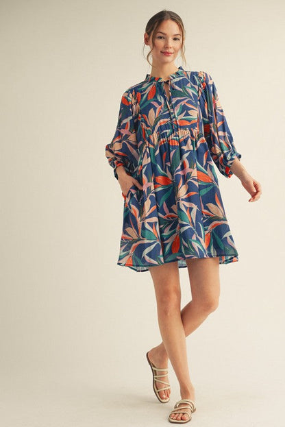 Navy Leaf Print Front Tie 3/4 Sleeve Maternity Dress
