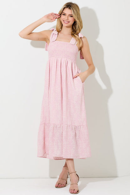 Pink Floral Smocked Shoulder Tie Maternity Midi Dress