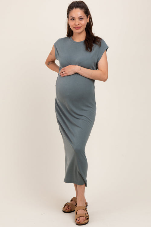 Light Olive Solid Short Sleeve Maternity Midi Dress