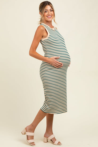 Deep Teal Striped Ribbed Knit Sleeveless Maternity Midi Dress