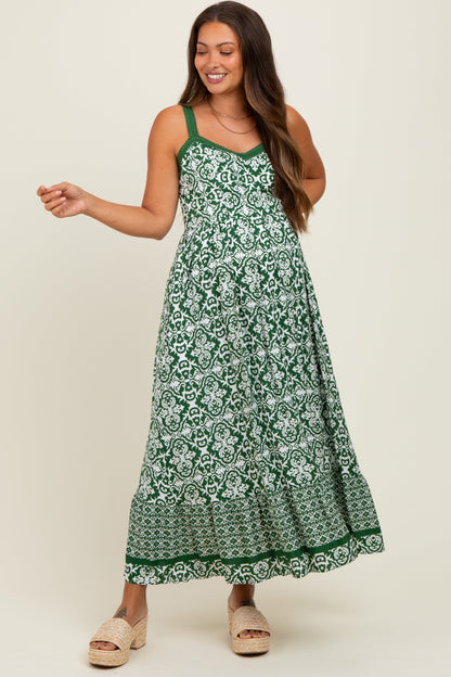Green Sleeveless Border Print Maternity Maxi Dress