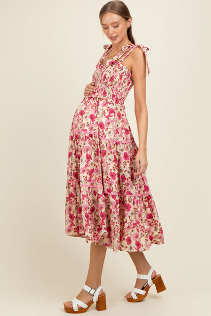 Pink Floral Smocked Ruffled Lace Trim Maternity Midi Dress