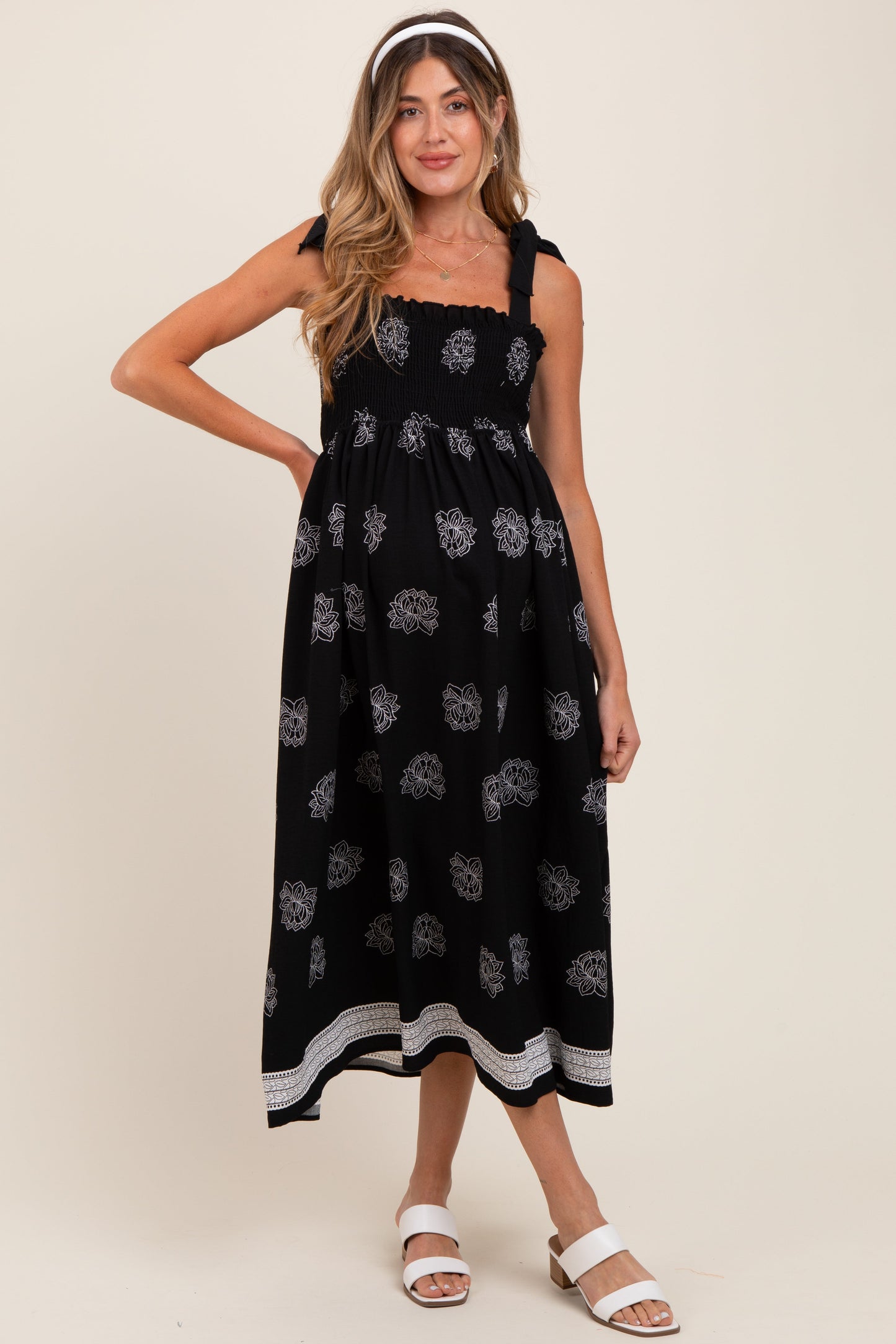 Black/Cream Vintage Floral Border Printed Smocked Top Sleeveless Maternity Maxi Dress