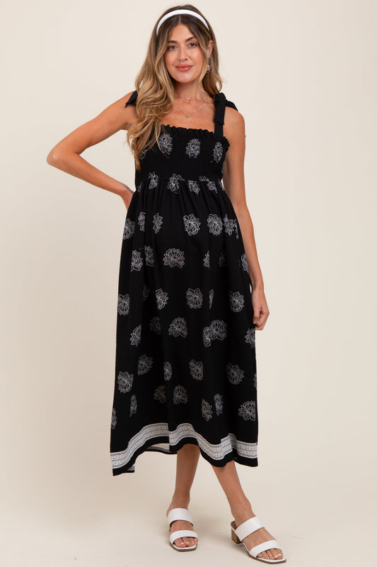 Black/Cream Vintage Floral Border Printed Smocked Top Sleeveless Maternity Maxi Dress