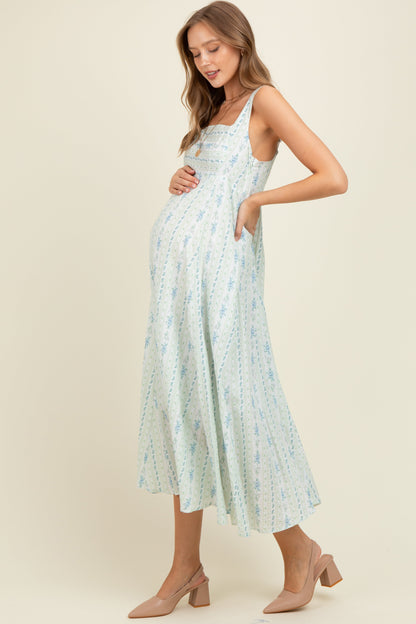 Light Blue Cotton Floral Square Neck Sleeveless Maternity Maxi Dress