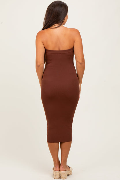Brown Fitted Tube Knit Maternity Midi Dress