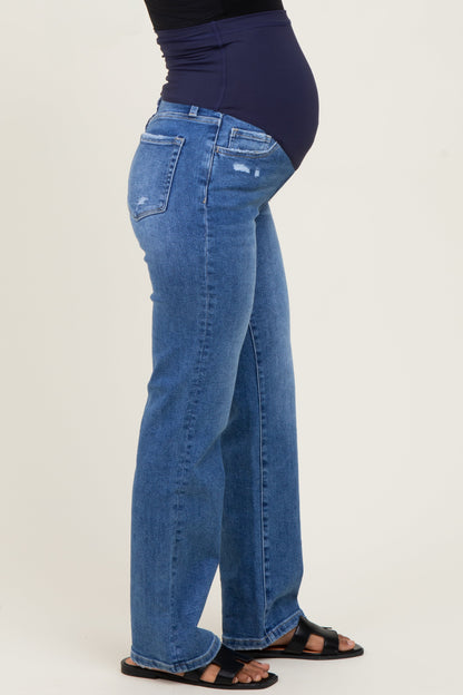 Blue  Mid Rise Full Length Straight Leg Maternity Jeans