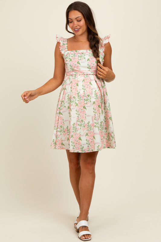Pink Floral Print Smocked Back Maternity Dress