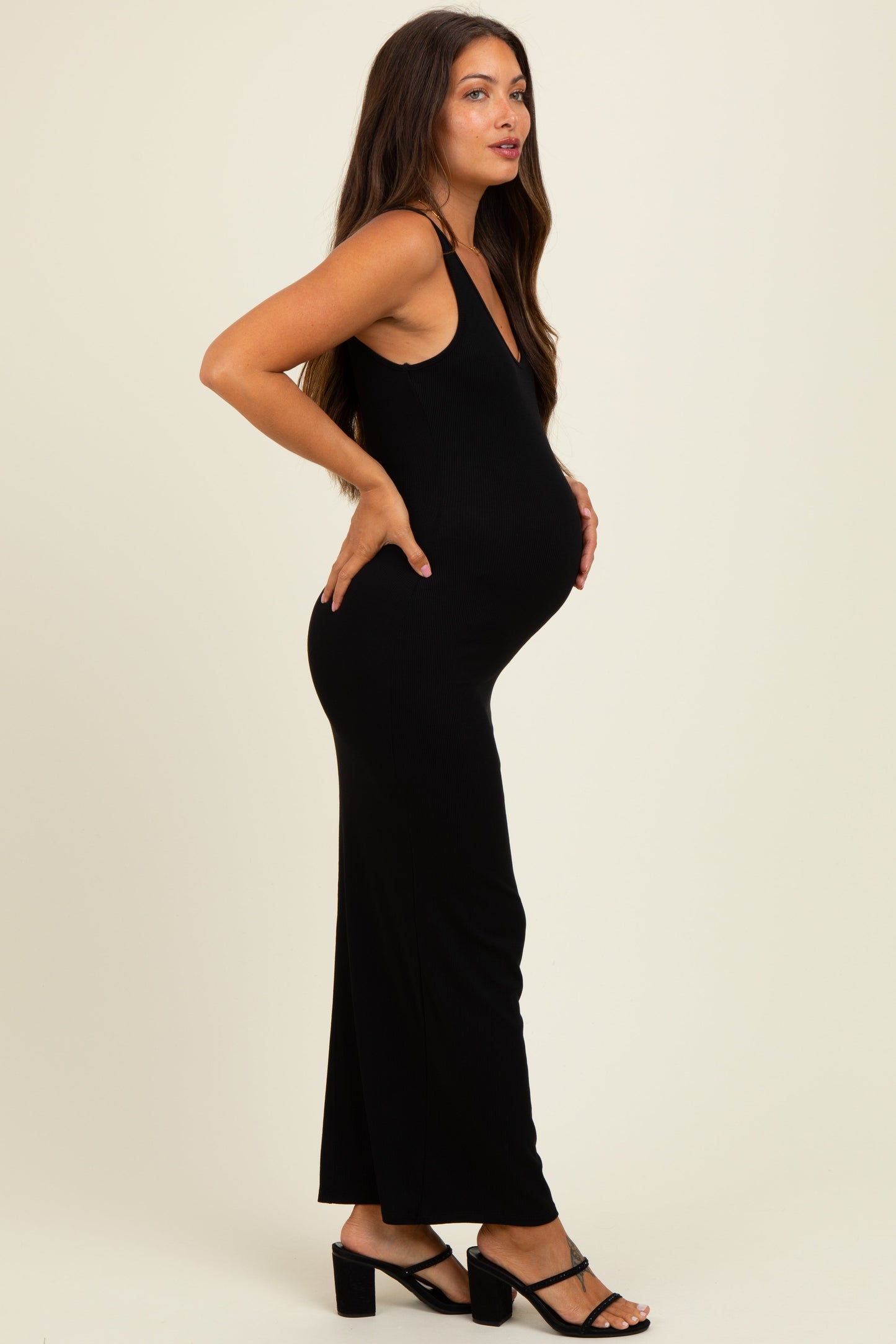 Black Scoop Neck Sleeveless Rayon Rib Maternity Maxi Knit Dress