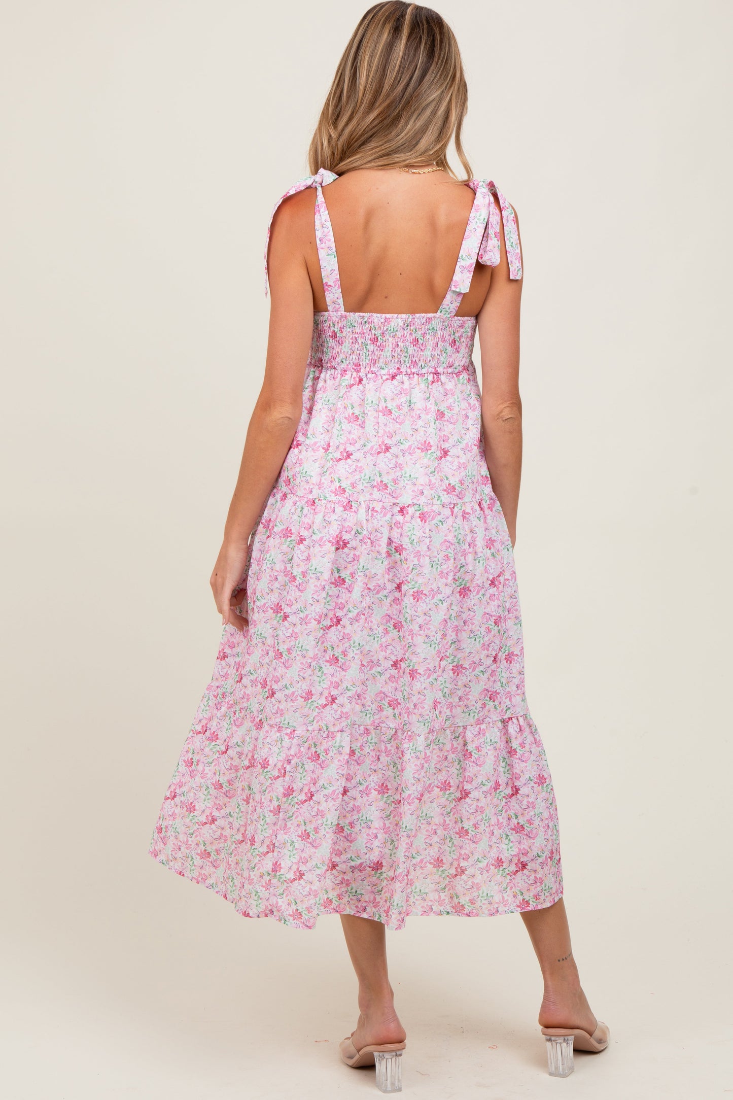 Light Pink Floral Shoulder Tie Maternity Midi Dress