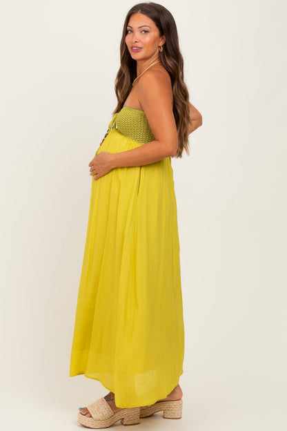 Lime Crochet Contrast Beaded Halter Neck Maternity Maxi Dress
