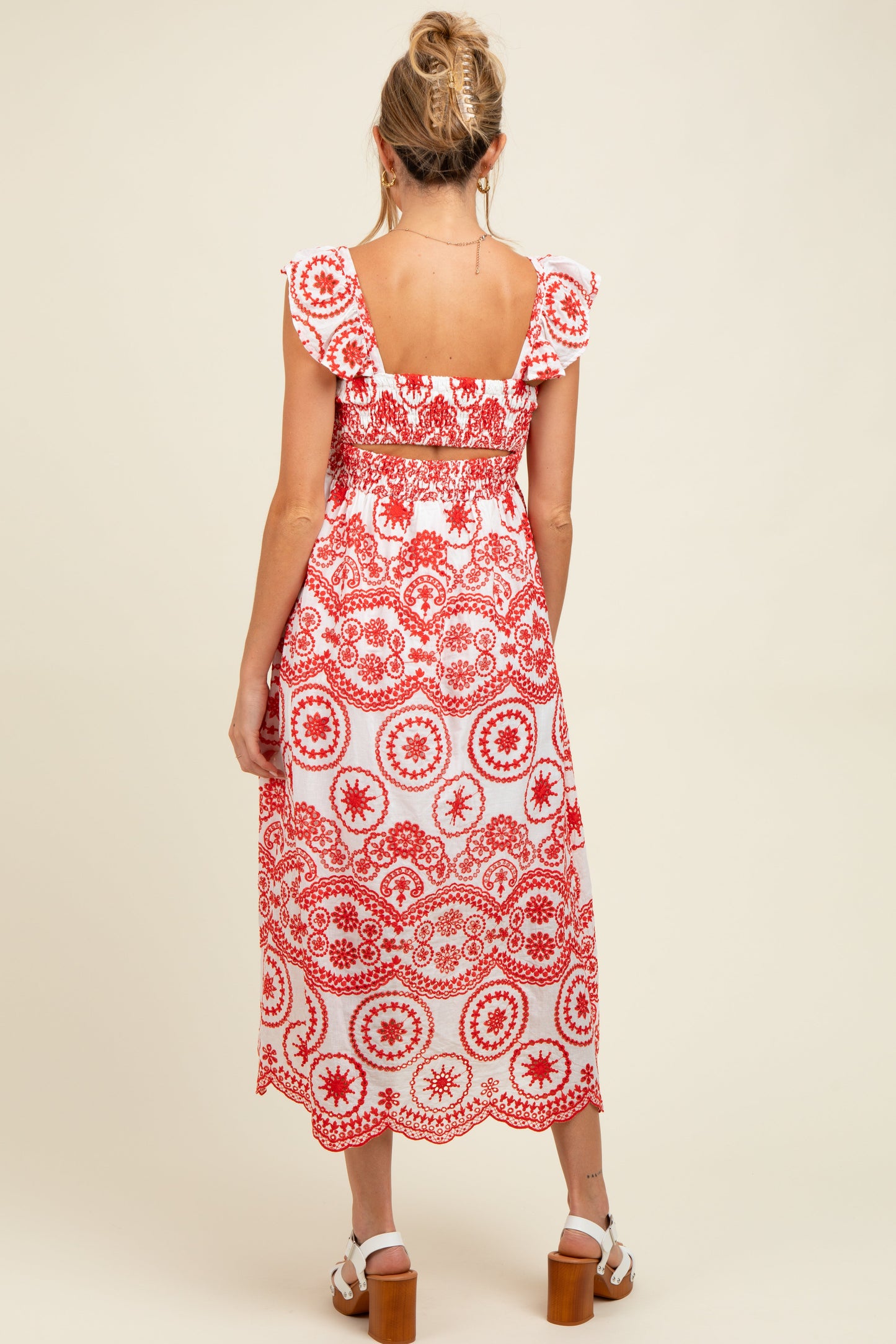 Red Embroidered Smocked Cutout Maternity Midi Dress