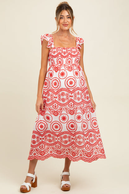 Red Embroidered Smocked Cutout Maternity Midi Dress