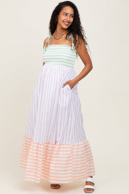 Lavender Multi-Color Striped Color Block Shoulder Tie Maternity Maxi Dress