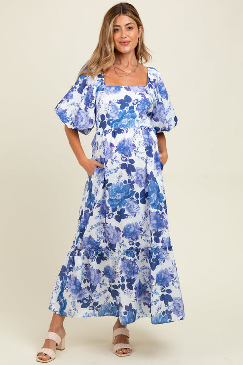 Blue Floral Square Neck Puffed Sleeve Maternity Maxi Dress