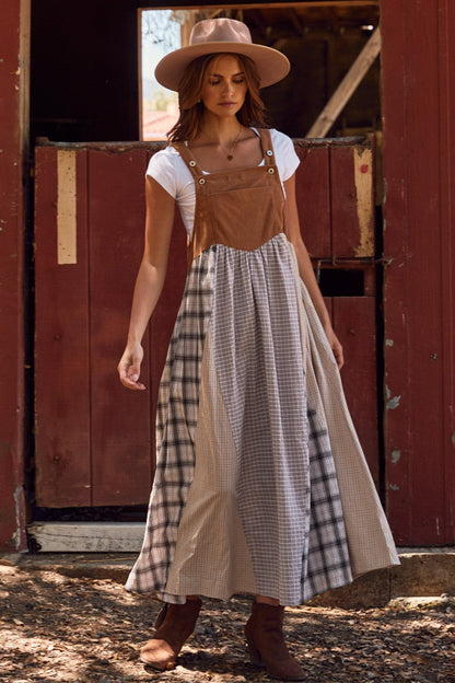 Mocha Multicolor Colorblock Plaid Denim Overall Maternity Dress