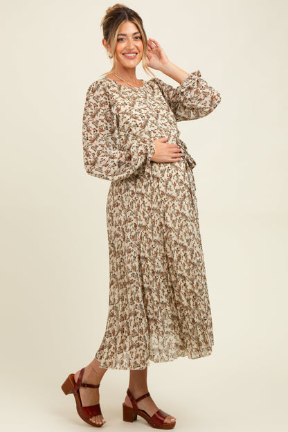 Cream Floral Chiffon Long Sleeve Pleated Maternity Midi Dress