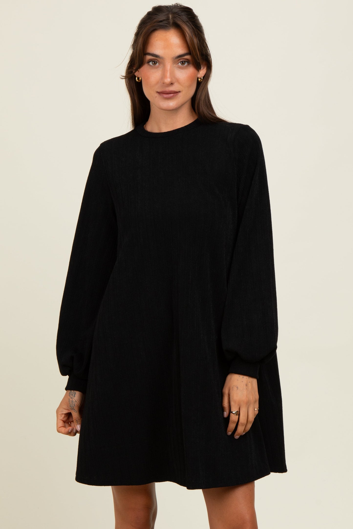 Black Ribbed Mock Neck Bubble Sleeve Maternity Dress