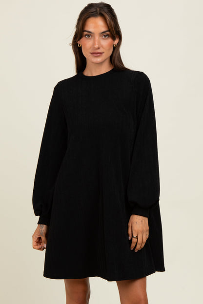 Black Ribbed Mock Neck Bubble Sleeve Maternity Dress