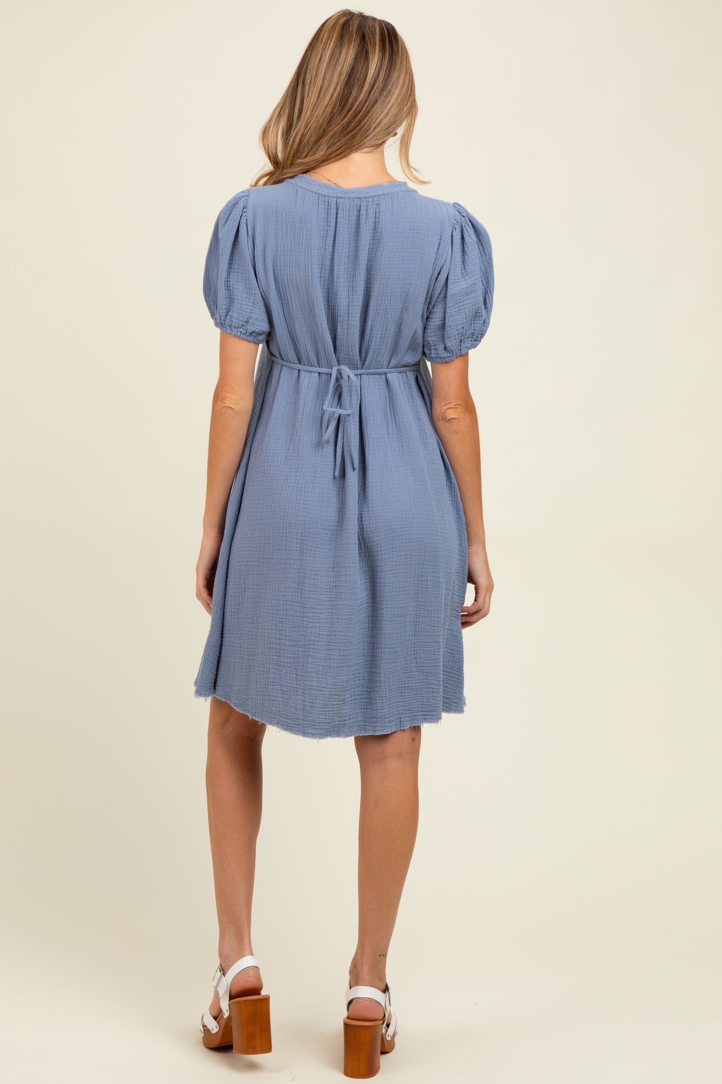 Blue Pintuck Detailed Cotton Double Gauze Maternity Mini Dress