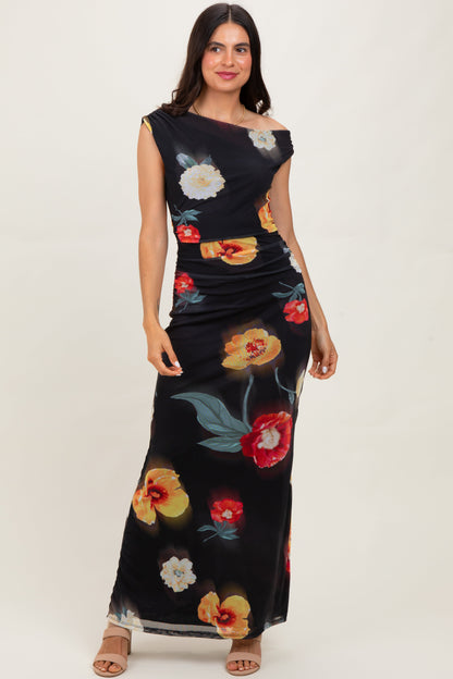 Black Mesh Floral One Shoulder Maternity Maxi Dress