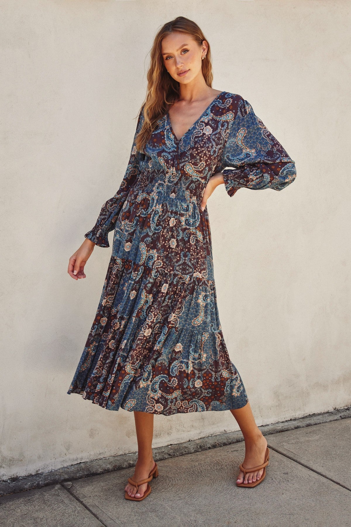 Teal Paisley Print Smocked Waist Tiered Maternity Midi Dress