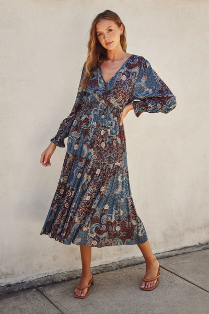 Teal Paisley Print Smocked Waist Tiered Maternity Midi Dress
