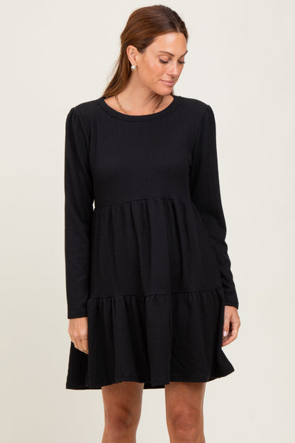 Black Textured Rib Tiered Long Sleeve Maternity Dress