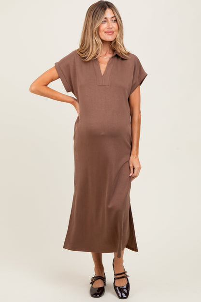 Mocha Collared Short Sleeve Maternity Midi Dress