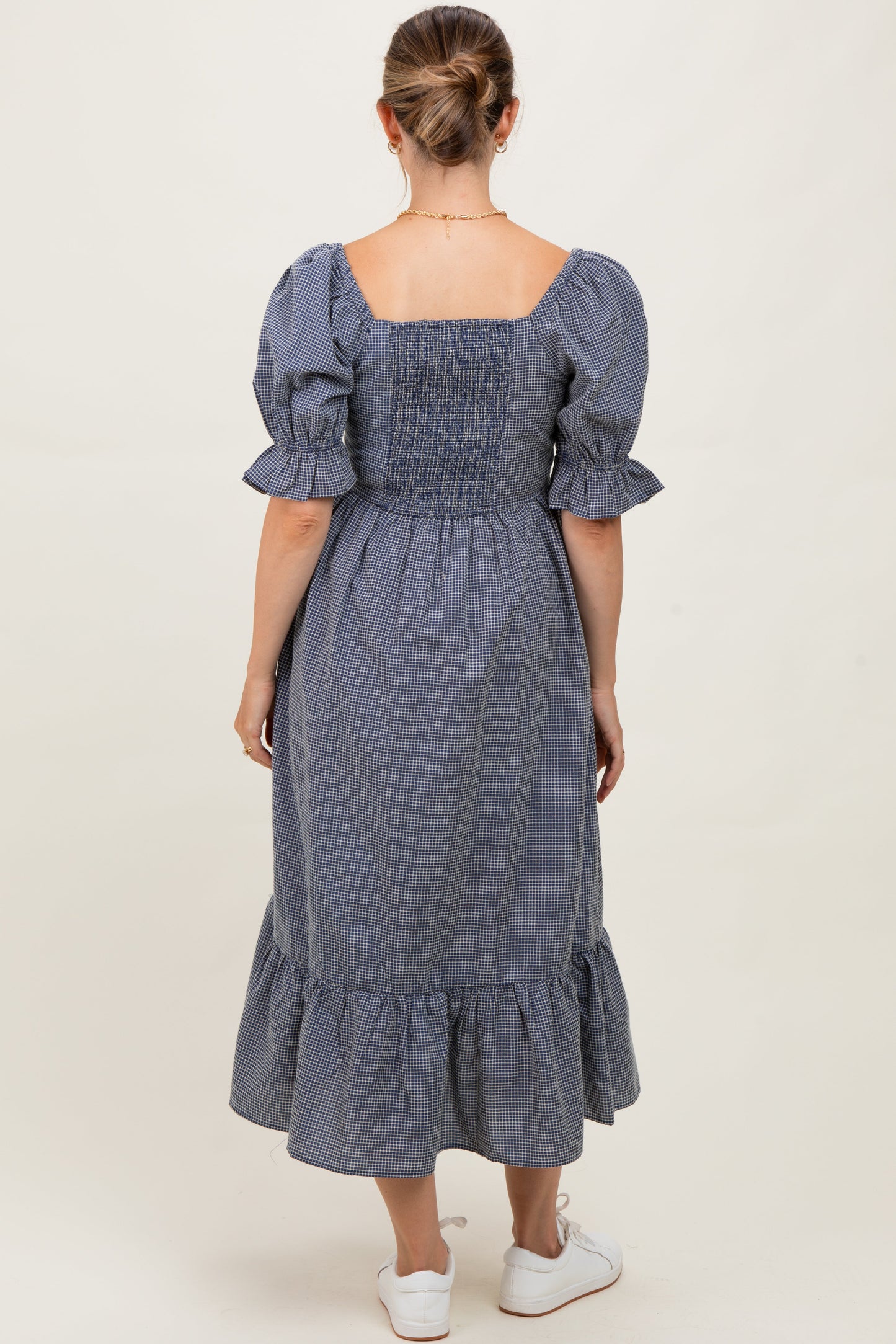 Navy Gingham Square Neck Maternity Midi Dress
