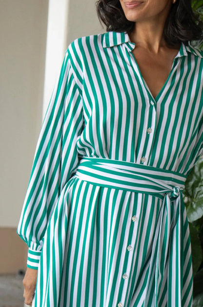 Francesca Long Sleeve Striped Midi Dress Emerald and White