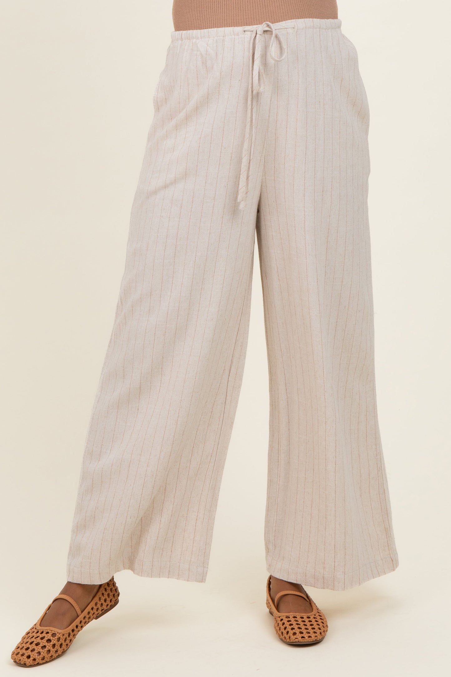 Oatmeal Pinstripe Drawstring Maternity Linen Pants